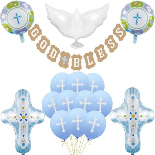 God Bless Balloons Banner Jesus Cross Ballons Baby Shower Boy Girl First Holy Communion Party Easter Baptism Forked Christening