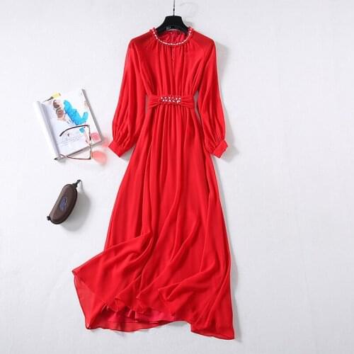 Runway Red Long Fashion High Quality Autumn Winter Lantern Sleeve Hollow Out Beaidng Diamonds Party Elegant Dress