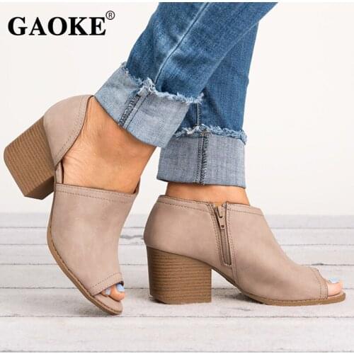 2021 Women Pumps Peep Toe Fashion Thick Heels Sewing Female Chunky Heel For Woman Plus Size Hollow Zipper Platform Ladies Shoes