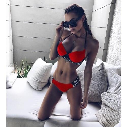 Women Halter Bikini 2 Pieces Sets Halter Swimwear Letter Print Sports Push up swimsuits patchwork bra and panty set bikinis set
