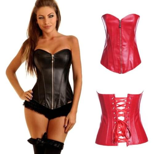 Lady Sexy Chest Gather Vest Shapewear Black and Red Faux Leather Court Corset Steampunk