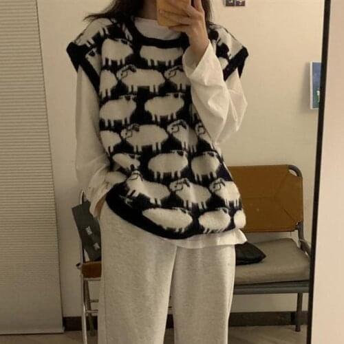 Sweater Vest Women Cartoon Sheep Printed Pullover Crew Neck Korean Style Loose All-match Female Autumn Outerwear Oversized Tops
