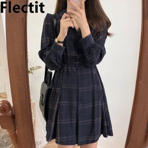 Flectit Long Sleeve Plaid Mini A-Line Shirtdress Tie Waist Collared Check Dress Autumn Spring Korean Women Cute Prep Style