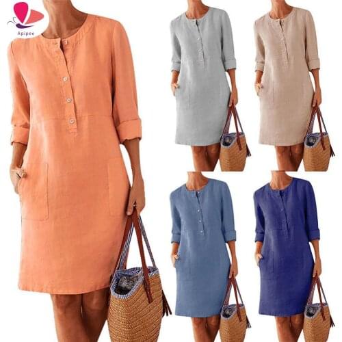 2021 Plus Size Casual Solid Color Cotton Linen Women Long Sleeve Tunic Kaftan Dress Length Vestidos Autumn Dresses Clothing