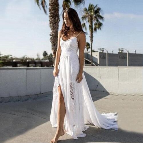 Summer Beach Holy White Lace Open Back Bridal Wedding Dresses Side Split Spaghetti Straps Wedding Gowns for Bride V Neckline