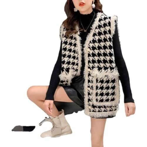 Houndstooth Fringed Vest Black And White Jacket Women Spring And Autumn New Loose Small Fragrance Style Mink Ladies Knitted Vest