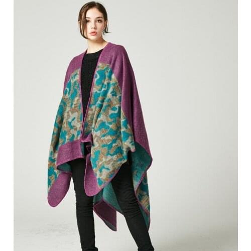Winter Scarf Warm Poncho and Cape Women Cloak Printed Splice Shawl Imitation Cashmere Pashmina National Wind Fork Wraps Mujer
