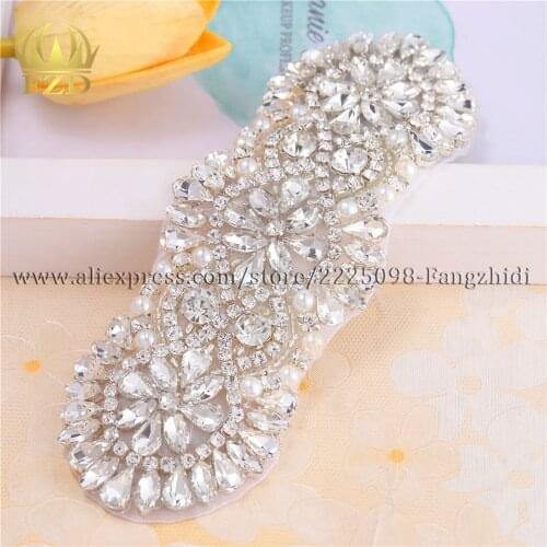 1 Piece Bridal Motif Rhinestone Decorations Crystal Pearls Beaded Sew Iron On Sash Belt Rhinestone Appliques For Wedding Dresses
