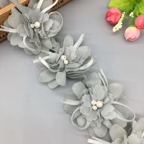 1 Yard Grey Chiffon 3D Flowers Pearl Lace Trim Handmade Rhinestone Trimmings Wedding Wrist Flower Dress Clothes Sewing Crafts