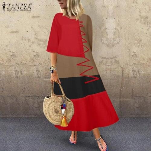 2021 ZANZEA Women Summer O Neck Half Sleeve Dress Long Sundress Vintage Cotton Linen Patchwork Dress Loose Vestido Robe Femme