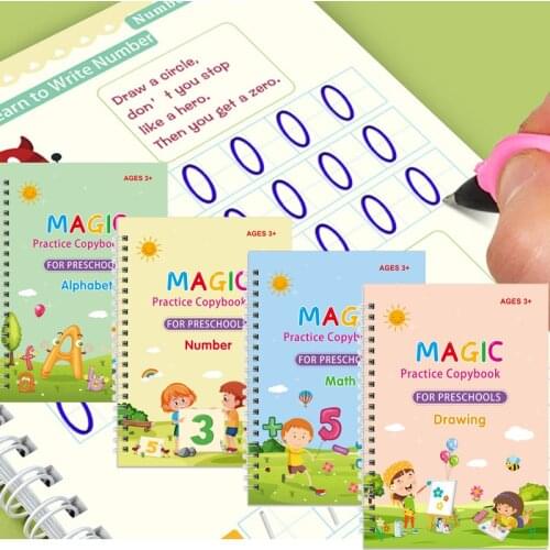 4 Copybooks Magic Practice Book Childrens Toy Writing Sticker Reusable Free Wiping English Maths Drawing Baby Toy Writing Set