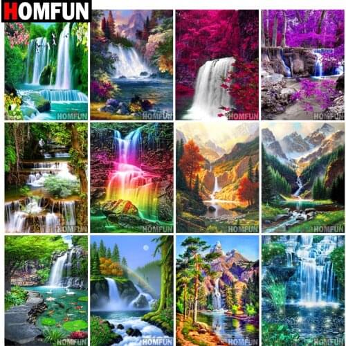 HOMFUN 5D Diamond "Waterfall tree scenery" Diamond Embroidery Full Round/ Square Diy Diamond Painting Cross Stitch Home Decor