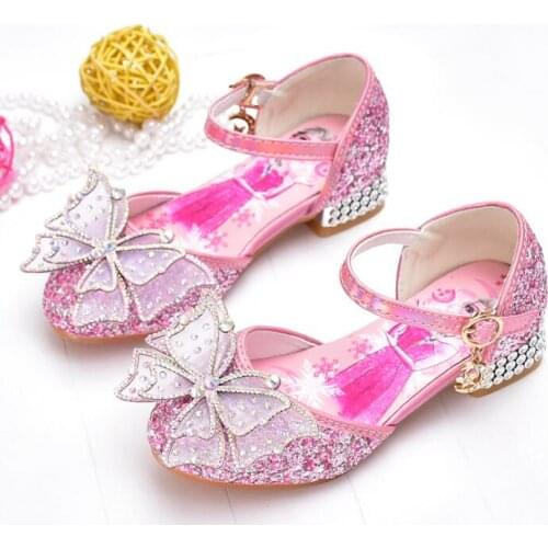 Disney Frozen Princess Kids Leather Sandals Girls Casual Glitter Children Elsa Girls Shoes Knot Blue Pink Sandals