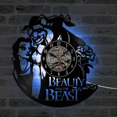 Beauty and the Beast LED Record Clock People and Flower Antique Film Style 3D Wall Clock Creative Artistic Home Decor Wall Clock