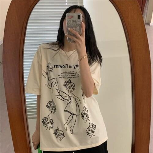 Womens T-shirts Tops Japanese Kawaii Ladies Ulzzang Casual Loose Cute Print T-shirt Female Korean Harajuku Clothes For Women