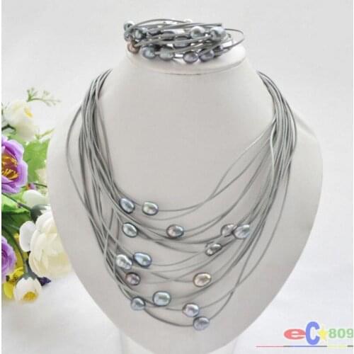 Hot sell new - wholesale 15row 13mm black rice pearl gray leather necklace bracelet