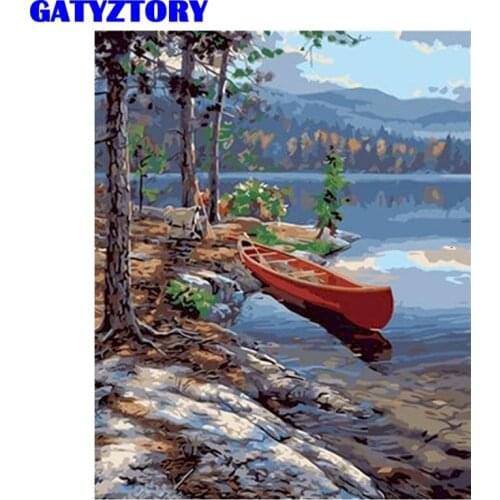 GATYZTORY 60x75cm Frame Picture By Numbers Kits For Adults Children HandPainted Unique Gift Tree And Boat Scenery Oil Paint Phot
