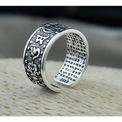 S999 Pure Silver Heart Sutra Ring Thai Retro Open Ring Fashion Mens Scripture New Personality Wide Version Bamboo Jewelry