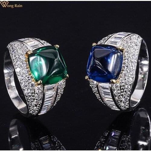 Wong Rain Temperament 925 Sterling Silver Emerald Sapphire Created Moissanite Party Vintage Cocktail Ladies Ring Fine Jewelry