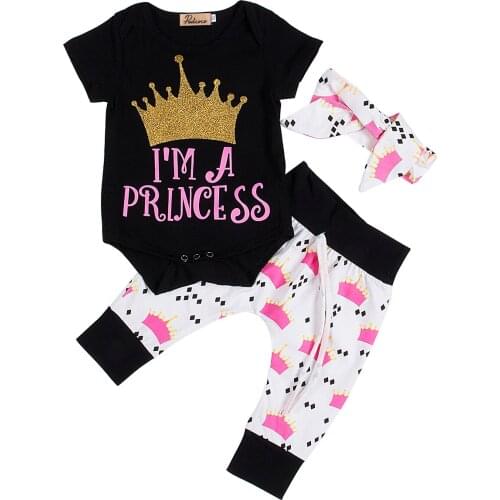 3PCS Newborn Baby Girls Princess Crown T shirt Tops Romper+Pants Headband Outfits Set Baby Summer Clothing