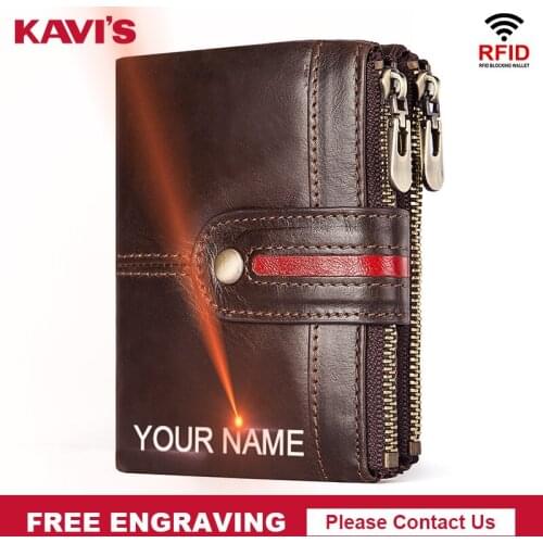 KAVIS Genuine Cow Leather Wallets Men Fashion Coffee Male Cudan Portomonee Coin Purse Pocket Card Holder Money Bag Engraving