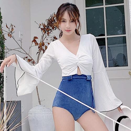 New Korean Trumpet Sleeve Deep V Folds Collocation High Waist Shorts Belt Decoration Small Fresh Triangle Hot Spring Swimsuit