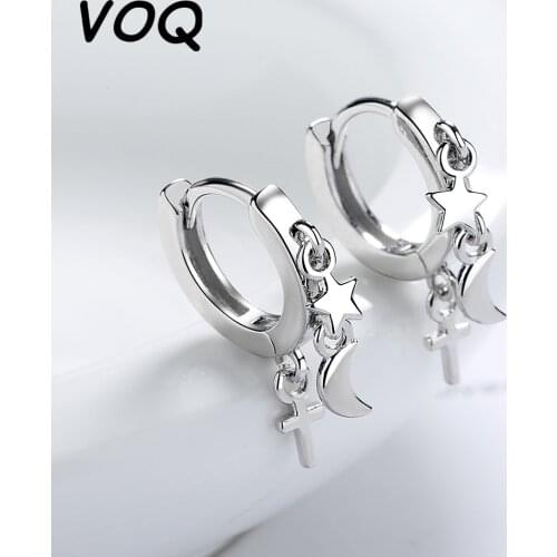 VOQ 2021 Fashion 925 Sterling Silver Earrings for Women Creative Star Moon Vintage Cross Hoop Ear Jewelry Girl Birthday Gift