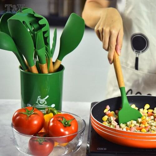 T&Y 12pcs Silicone Kitchenware Utensil Set with Wooden Handle and Plastic Holder, Non-Stick Cooking Accessories Gadgets Set