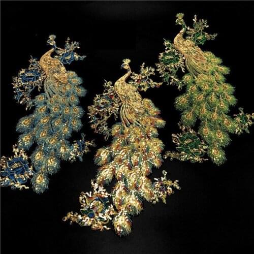 Peacock Feather Stickers Wedding Gown Applique Lace Trim Sewing Dress DIY green Blue Gold Sequin Embroidered Phoenix Patches