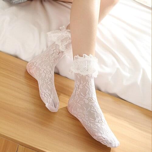 Anime Cosplay Transparent Lace Ruffle Lolita Socks Women Lovely Fishnet Flower Pattern Princess Sock Summer Soxs Female 2021