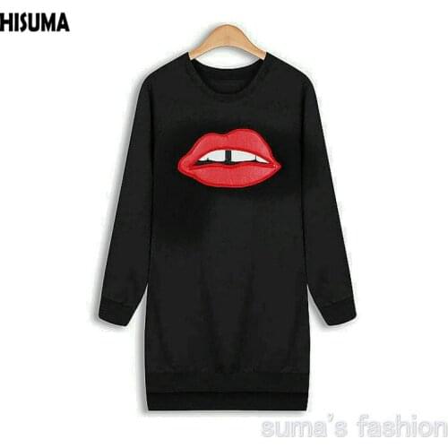 HISUMA 2020 Spring New Big Lips Womens Loose Embroidery Leather Long Basic Hip-hop Sweatshirts Women Sweatshirt female blouse