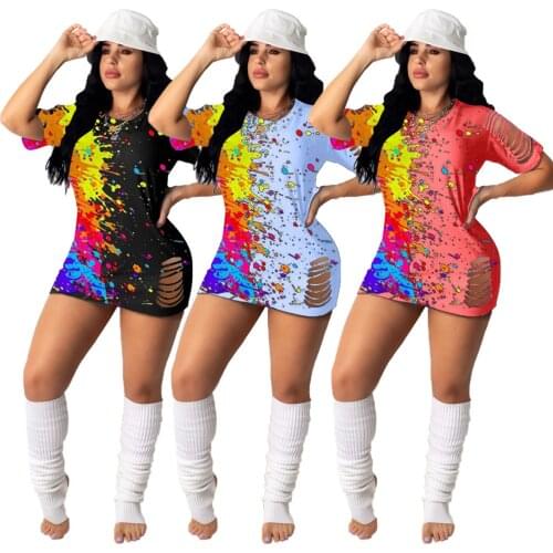 Summer New Womens Black Sexy Casual Print Ripped O Neck Short Sleeve Dress