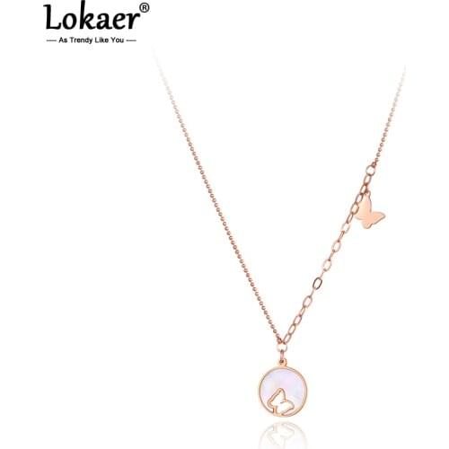 Lokaer Bohemia Style Titanium Stainless Steel Butterfly Charm Necklace For Women Original Design Shell Pendant Necklace N21042