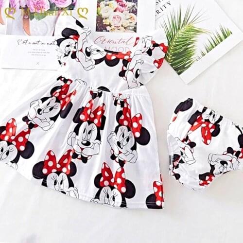 Toddler Baby Girls Dress Summer Dress Flying Sleeve Newborn Infant Dress Cotton Minnie Dress+Underwear Pants for Baby Girls 2PCS