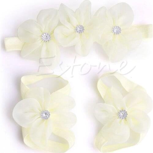 3pcs/set Baby Girl Kids Barefoot Sandals Shoes Headband Crystal Flower Foot Band Q1FE