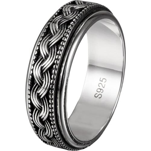 Retro 925 Sterling Silver Rings for Men Rotatable Tibetan Silver Engagement Ring Hemp Rope Weave Men Sterling Silver 925 Ring