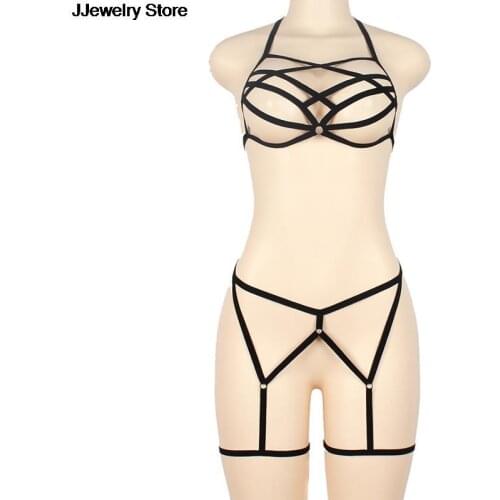 Sexy Women Straps Bra Garter Body Belts Waist To Leg Body Bondage Cage Fetish Underwear 2 Piece Leather Harness Set Garter Belts