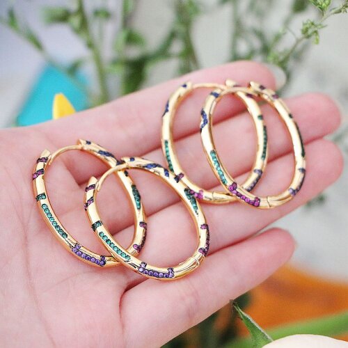 3Pair Fashion Gold color oval Hoop Earrings For Women Colorful Cubic Zircon Earrings Wedding brides Jewelry