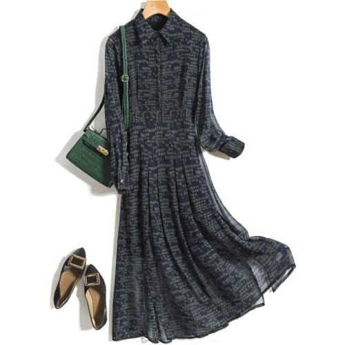 Long sleeve lapel printed silk dress