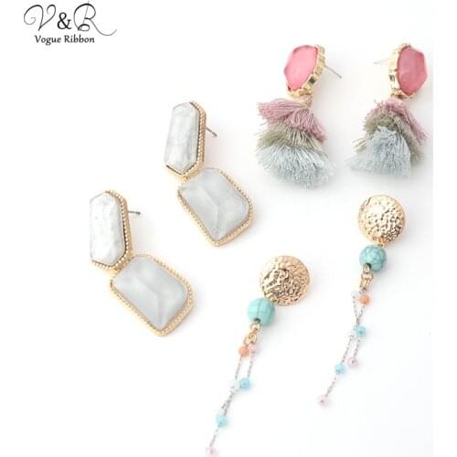 DIY Handmade Jewelry, Post Earring Set, Geometric Stud with Epoxy Stone/ Tassel/Acylic Bead Pendant, Fashion Accessories DIY-108