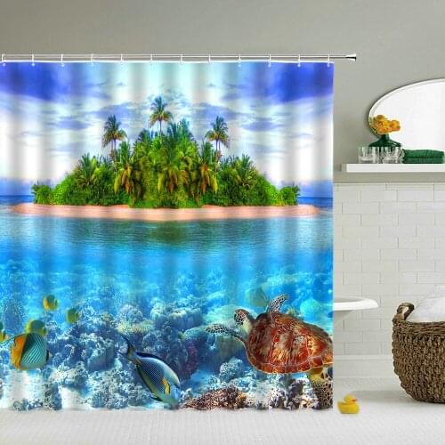Ocean Island Scenery Shower Curtain Tropical Green Plants Sea Turtle Fish Coral Bathroom Decor Holiday Landscape Hooks Curtains