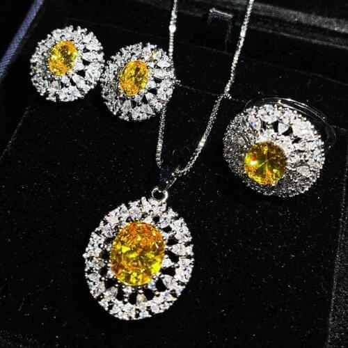 Fashion Yellow Crystal Zircon Oval Pendant Necklace 925 Silver Luxury Bridal Jewelry Rings Piercing Earrings For Women Wedding