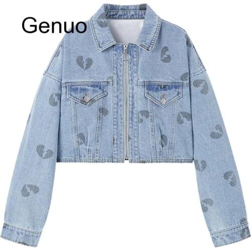 Blue Crop Denim Jeans Heart Print Jacket Women Spring Autumn Single Breasted Casual Outwear Coat Jackets