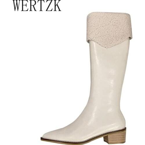 Beige Brown Plush Sexy Pointed Toe Punk Knee High Boots Women 2021 Winter Square Heels Warm Fur Long Western Boots Women Shoes
