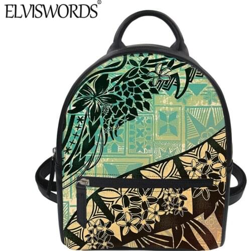 ELVISWORDS Hawaii Plumeria Pattern Womens Mini PU Leather Backpack Polynesian Tribal Print Durable Shoulder Bag mochila Mujer
