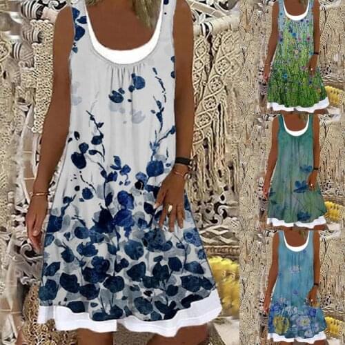 2021 Elegant Ladies Beach Sundress Plus Size Midi Dress Floral Print Fake Two Piece Women Round Neck Sleeveless Dress for Dating