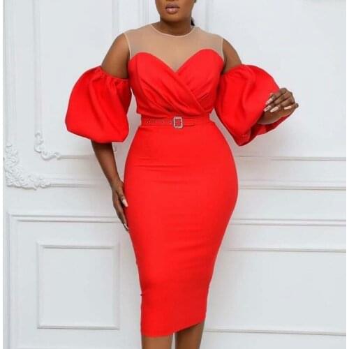 Women Party Dress Patchwork Mesh See Through Short Lantern Sleeves High Waist Package Hip Celebrate Event Occation Female Robes