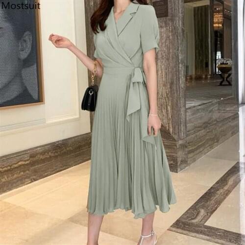 Summer Vintage Long Chiffon Dress For Women Lace Up Short Sleeve V-neck Plus Size Pleated Dresses Korean 2021 Robe Femme