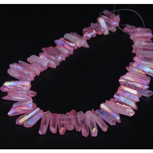 15.5"strand Pink AB Titanium Crystal Quartz Top Drilled Point Loose Beads,Raw Crystal Stick Pendant Beads For Jewelry Making