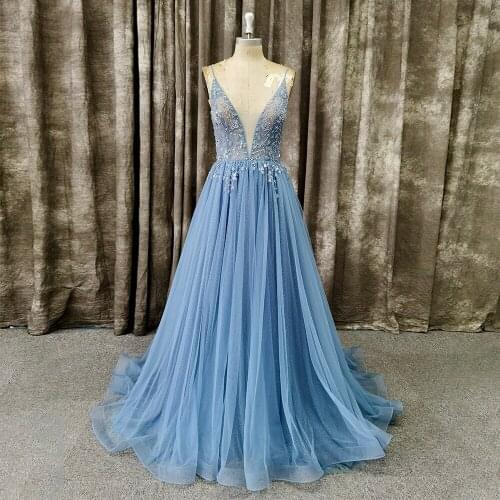 2020 Spaghetti Strap Plunge V Neck Backless Beaded Bodice Girls Party Dancing Prom Dress Long Gown